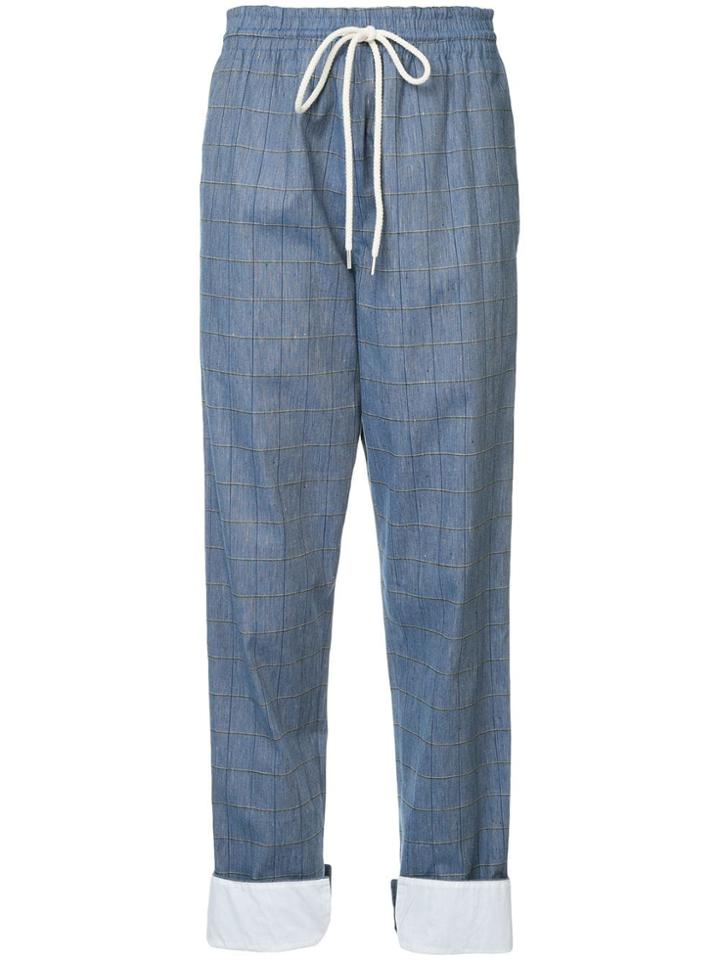 Bassike Checked Drawstring Cropped Trousers - Blue