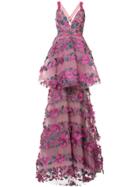 Marchesa Notte Floral-embroidered Tiered Lace Gown - Pink & Purple