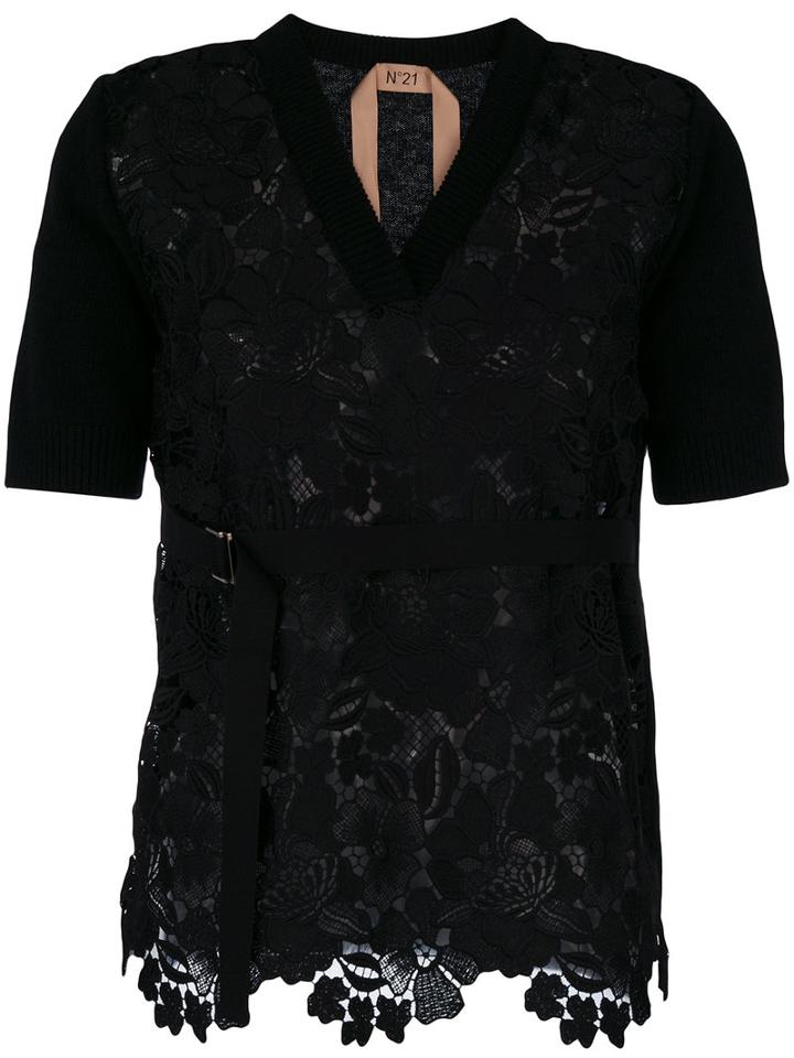 No21 - Lace Knit Short Sleeve Cardigan - Women - Wool - 42, Black, Wool