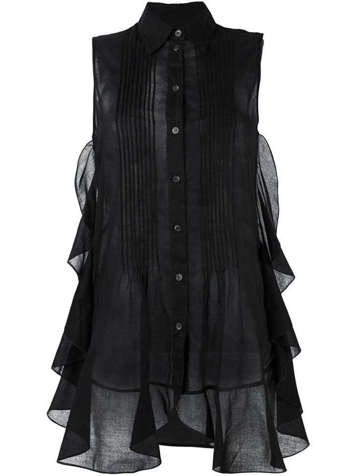 Mm6 Maison Margiela Sleeveless Ruffled Sheer Blouse, Women's, Size: 38, Black, Cotton