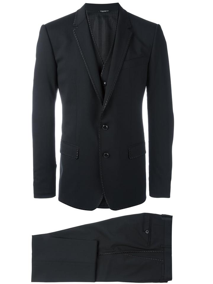Dolce & Gabbana Embroidered Trim Three-piece Suit, Men's, Size: 48, Blue, Virgin Wool/spandex/elastane/viscose/cupro
