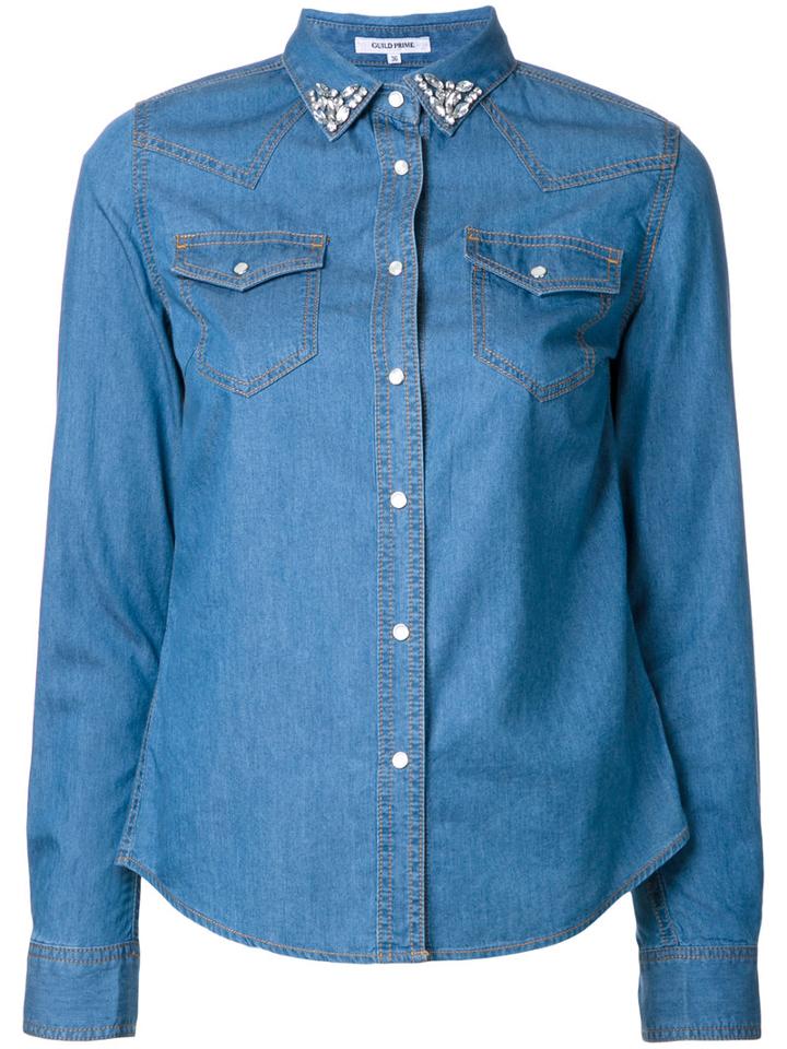 Guild Prime Stoned Collar Denim Shirt, Women's, Size: 36, Blue, Cotton/nylon/cupro
