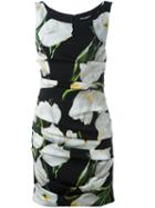 Dolce & Gabbana Tulip Print Ruched Dress, Women's, Size: 44, Black, Silk/spandex/elastane