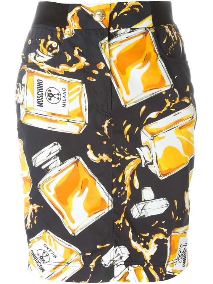 Moschino Perfume Print Skirt, Women's, Size: 38, Black, Polyamide/rayon