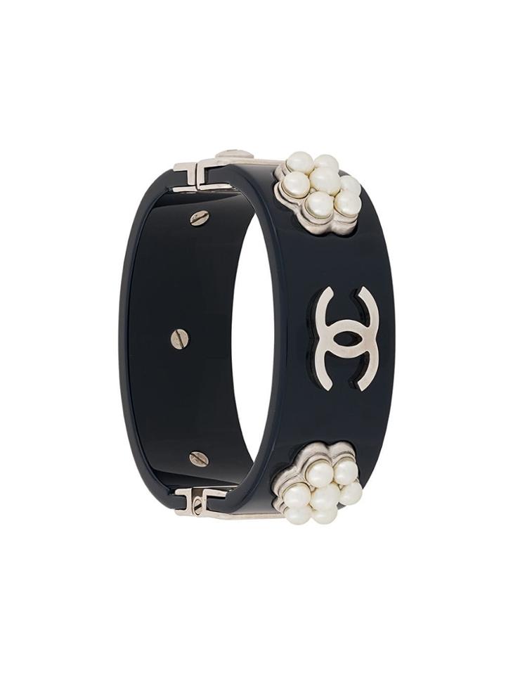 Chanel Vintage Pearl Embellished Logo Cuff - Blue