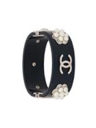 Chanel Vintage Pearl Embellished Logo Cuff - Blue