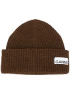Ganni Logo Patch Beanie Hat - Brown
