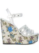 Prada Floral Print Wedge Sandals - Metallic