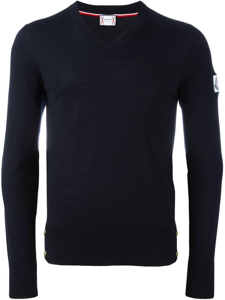 Moncler Gamme Bleu V Neck Jumper, Men's, Size: Large, Blue, Virgin Wool