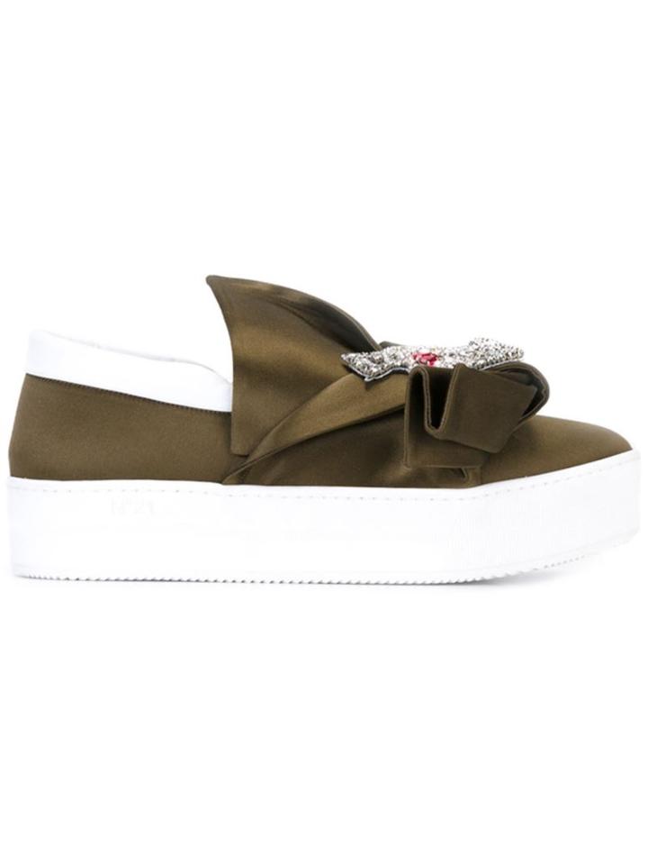 No21 Embellished Cat Detail Sneakers, Women's, Size: 38, Green, Silk Satin/leather/rubber