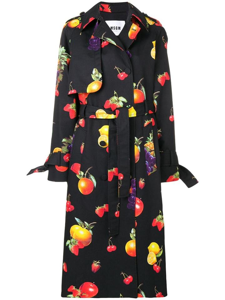 Msgm Fruit Print Trench Coat - Black