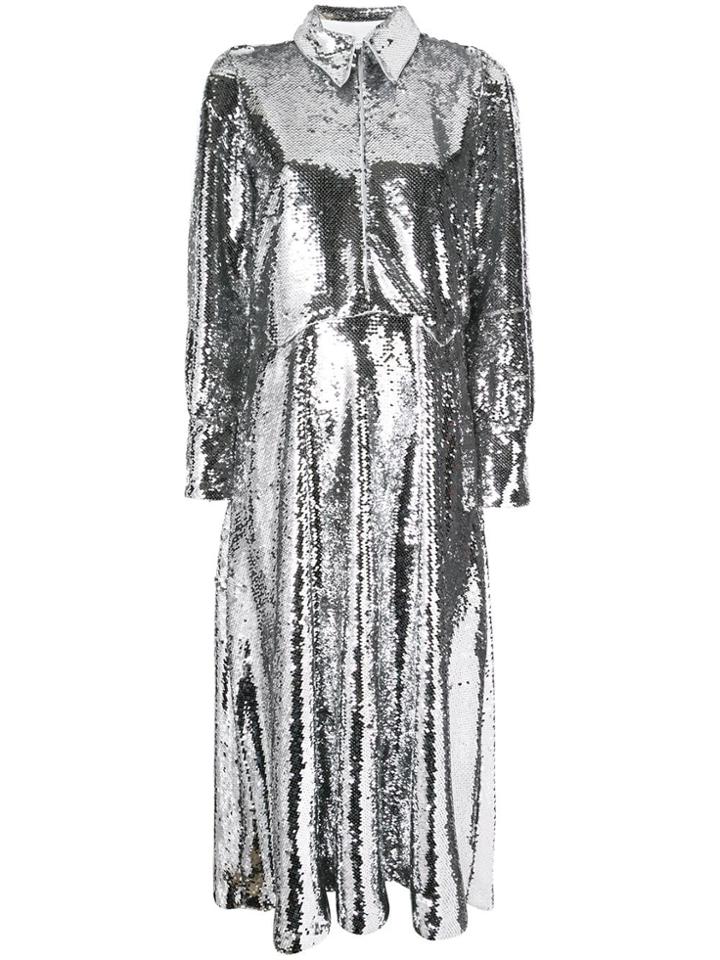 Ganni Long Sequinned Dress - Silver