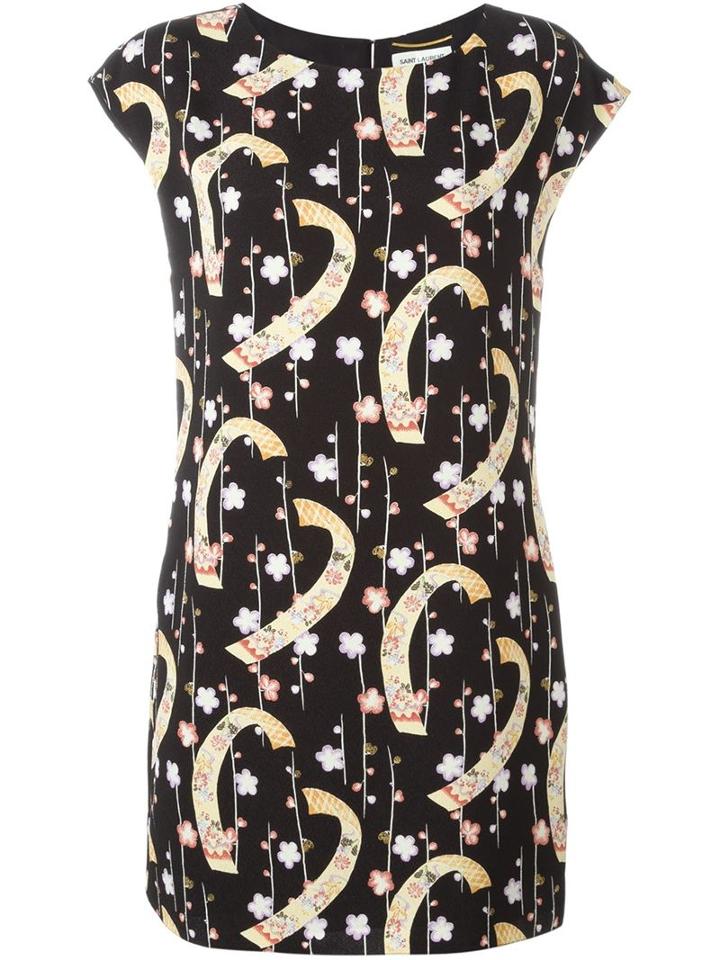 Saint Laurent Digital Floral Print Shift Dress, Women's, Size: 44, Black, Polyester/silk