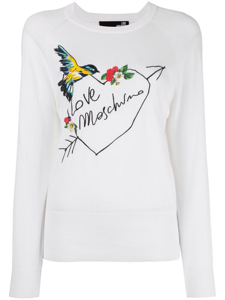 Love Moschino Embroidered Logo Jumper, Women's, Size: 44, White, Cotton