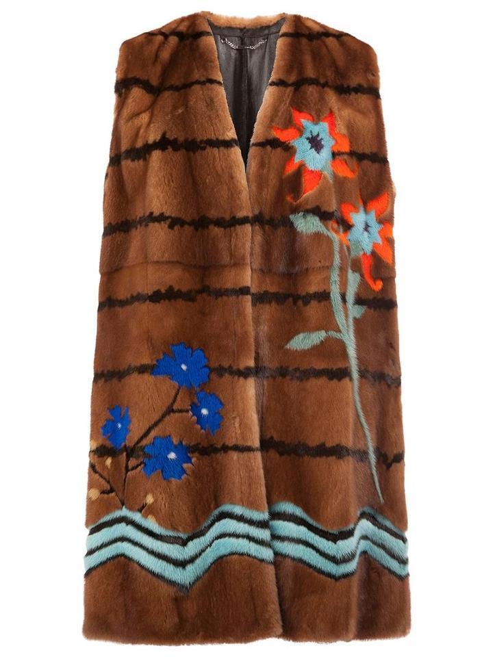 Fendi Botanical Garden Sleeveless Coat, Women's, Size: 42, Brown, Lamb Skin/mink Fur