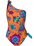 La Doublej Floral Print One Shoulder Swimsuit - Orange