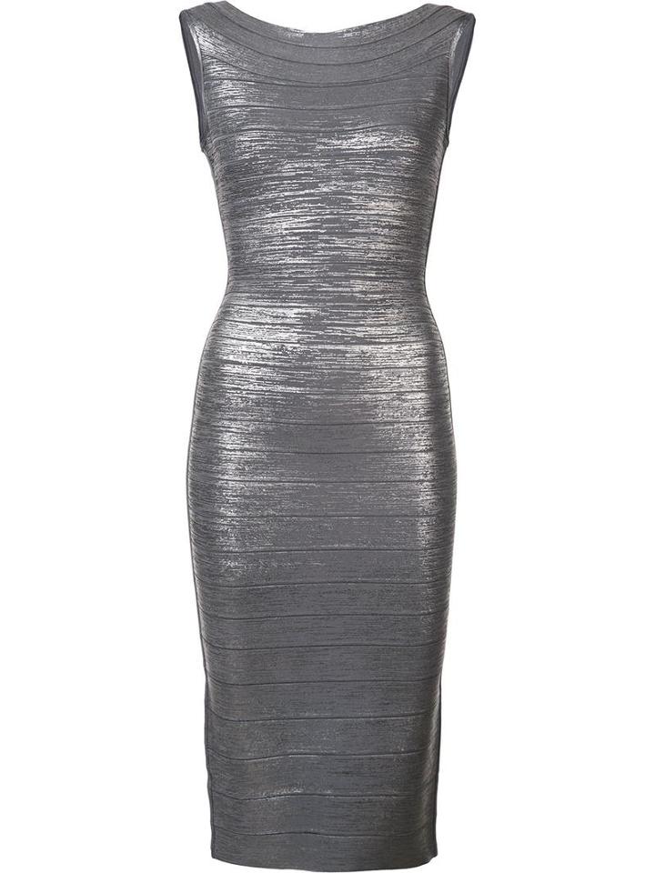 Hervé Léger Round Neck Fitted Dress, Women's, Size: Small, Grey, Nylon/spandex/elastane/rayon