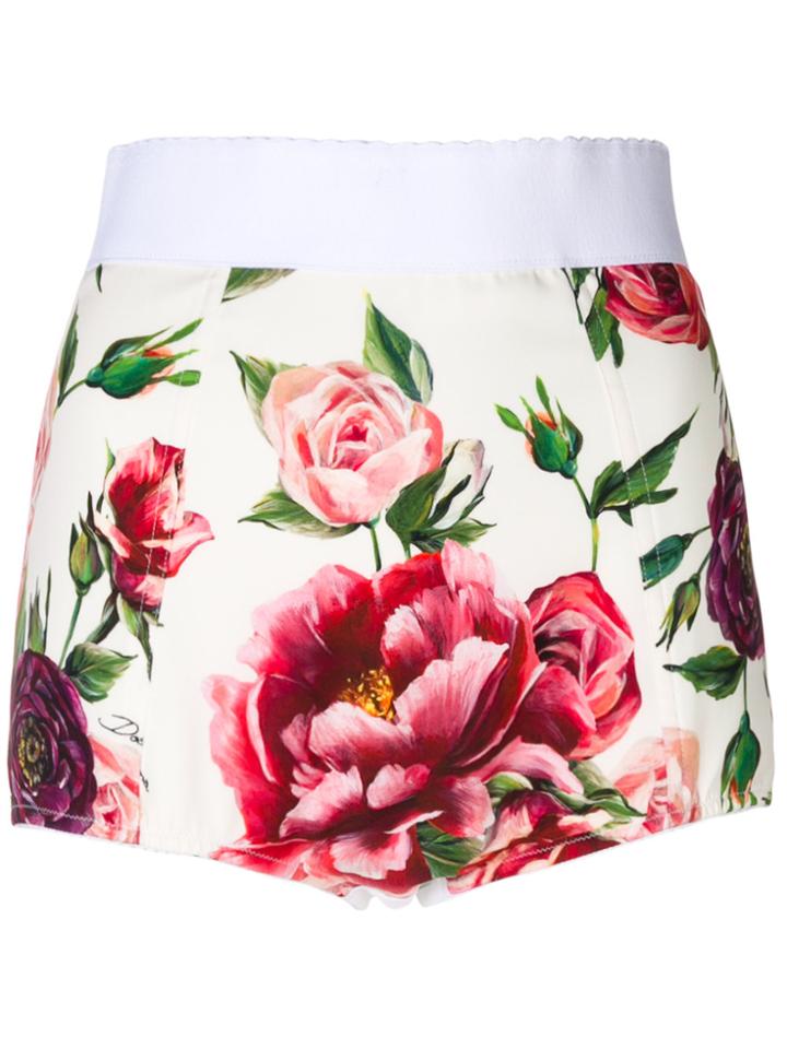 Dolce & Gabbana Peony Print High Waisted Shorts - White