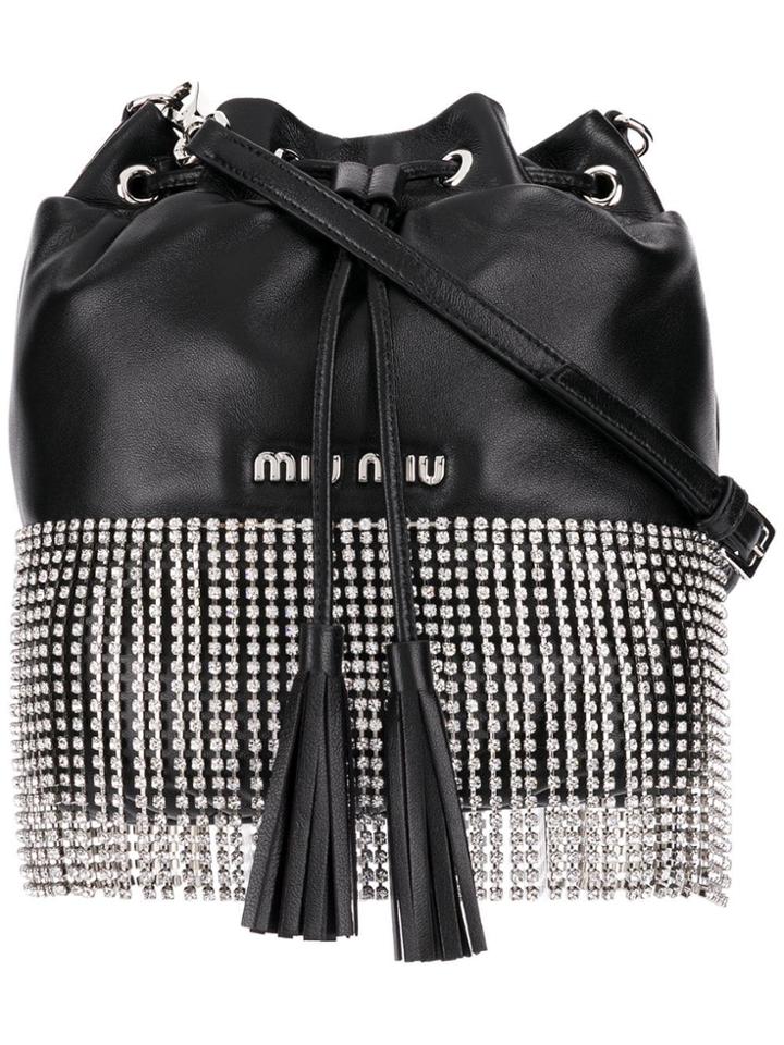 Miu Miu Black Crystal Embellished Leather Bucket Bag