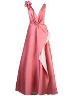 Marchesa Plunging V Gown With 3d Petals - Pink