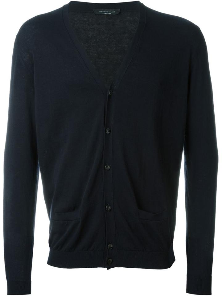 Roberto Collina V-neck Cardigan, Men's, Size: 50, Blue, Cotton