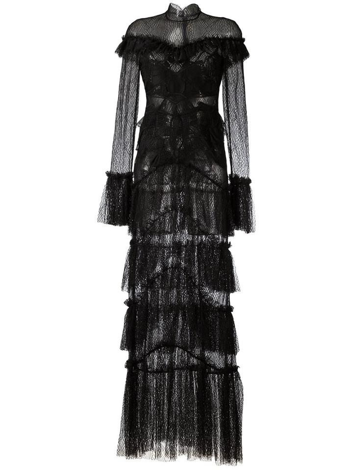 Jonathan Simkhai Sheer Lace Ruffled Maxi Dress, Women's, Size: 6, Black, Nylon/rayon/polyester