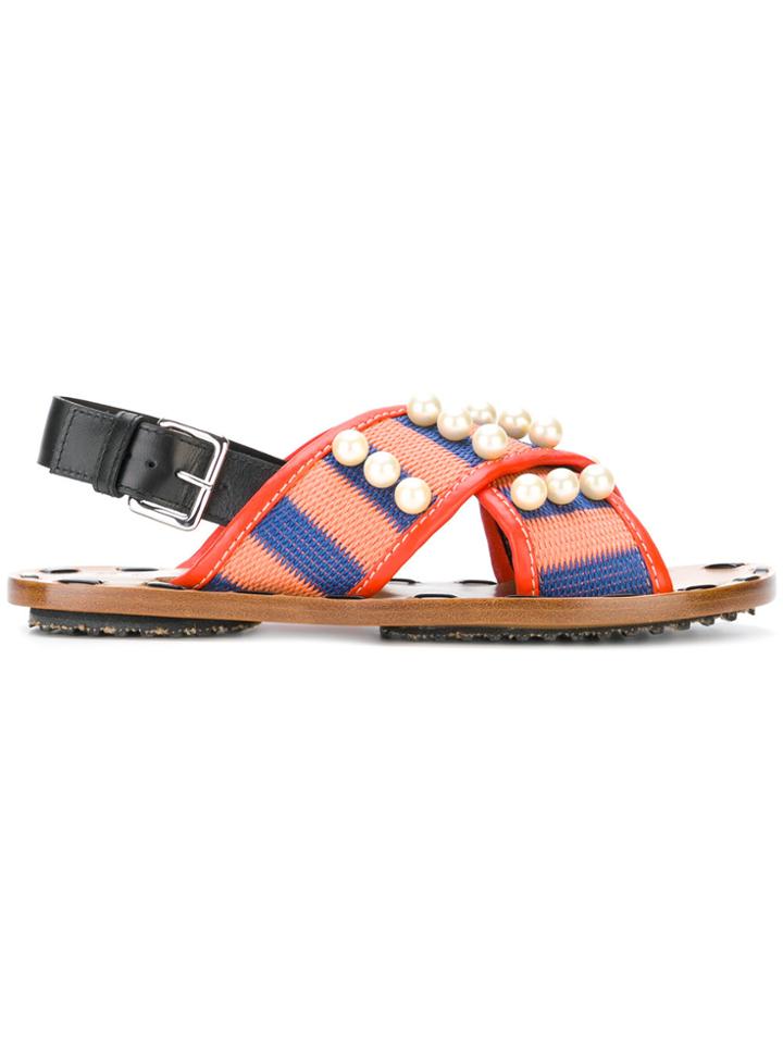 Marni Pearl Embellished Striped Sandals - Multicolour
