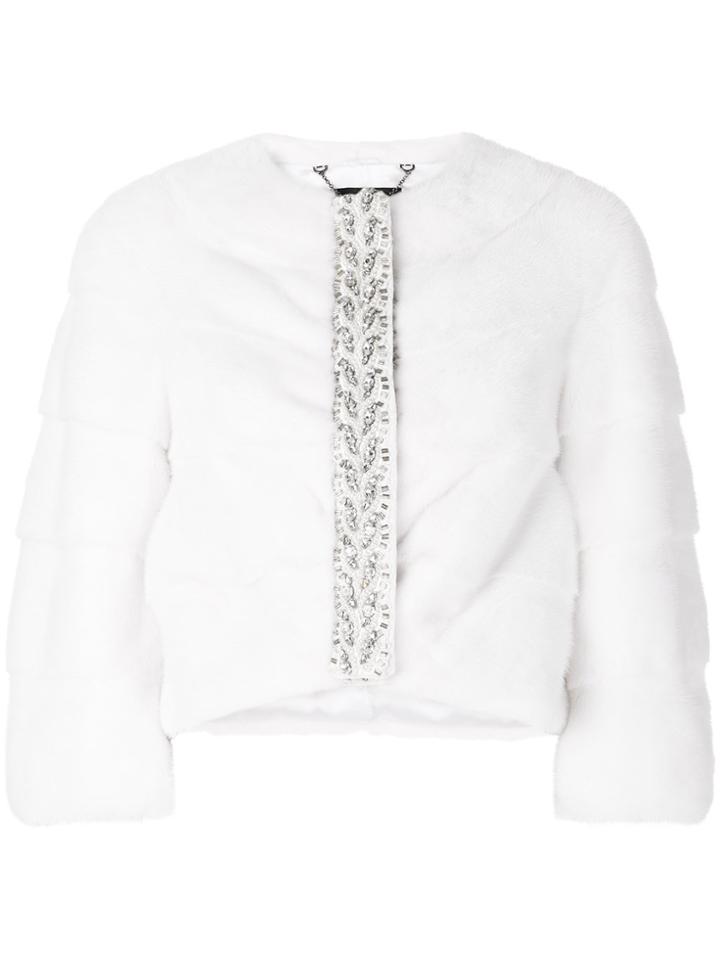 Cara Mila Panelled Cropped Rhinestone Embellished Jacket - White