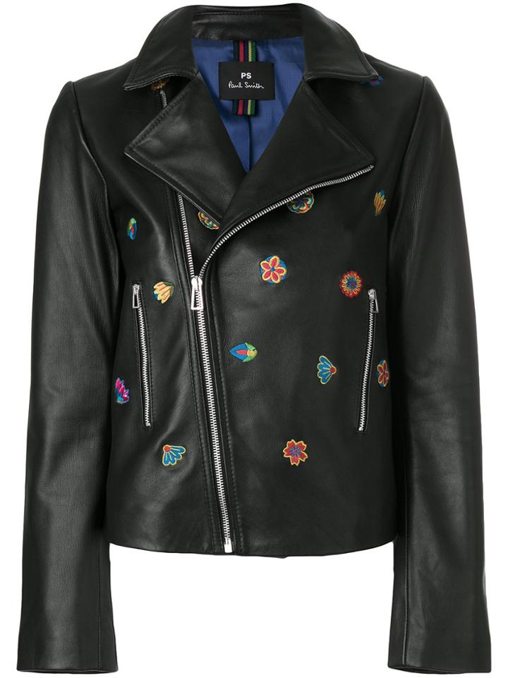 Ps By Paul Smith Kyoto Floral Embroidery Biker Jacket - Black