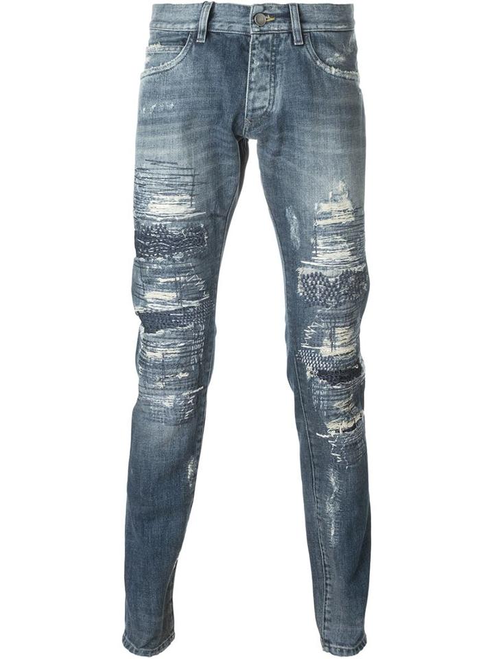 Dolce & Gabbana Slim Distressed Jeans, Men's, Size: 52, Blue, Cotton/calf Leather