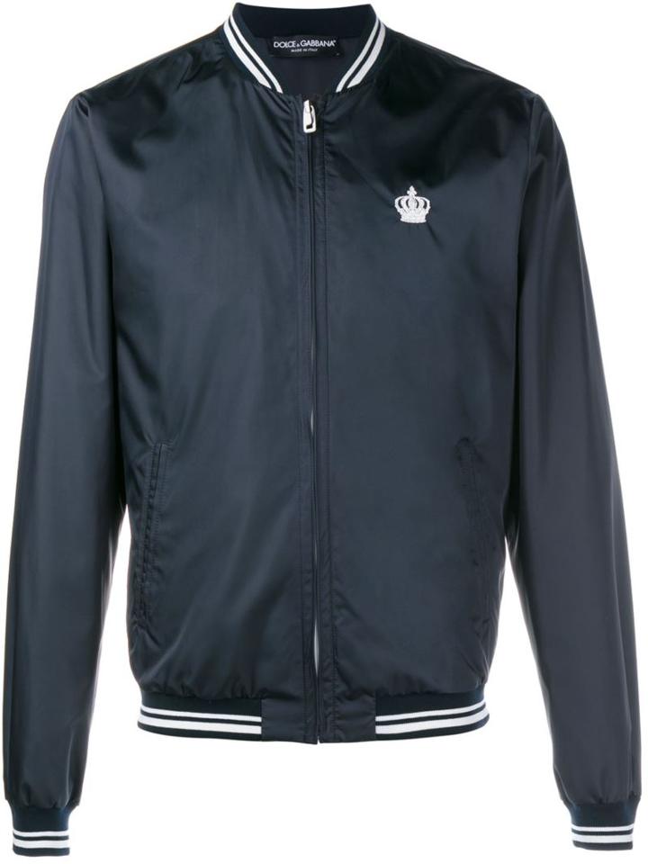 Dolce & Gabbana Embroidered Crown Bomber Jacket, Men's, Size: 46, Blue, Polyester