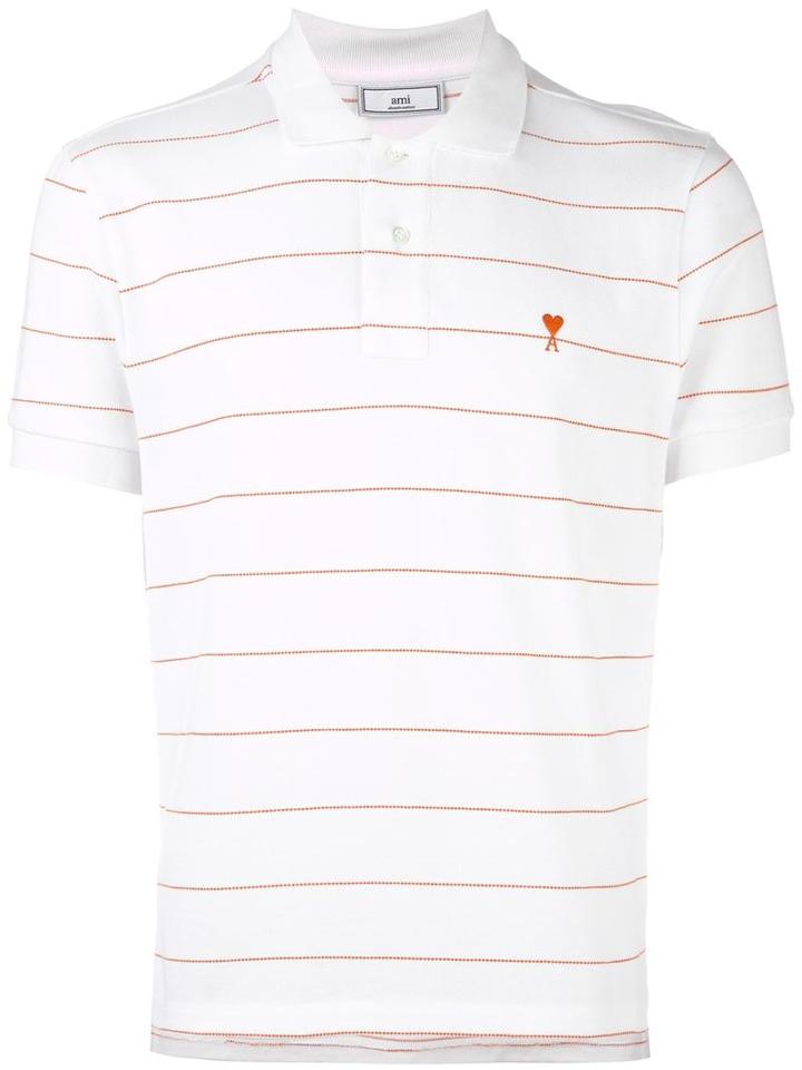 Ami Alexandre Mattiussi Embroidered Striped Polo Shirt, Men's, Size: Medium, White, Cotton
