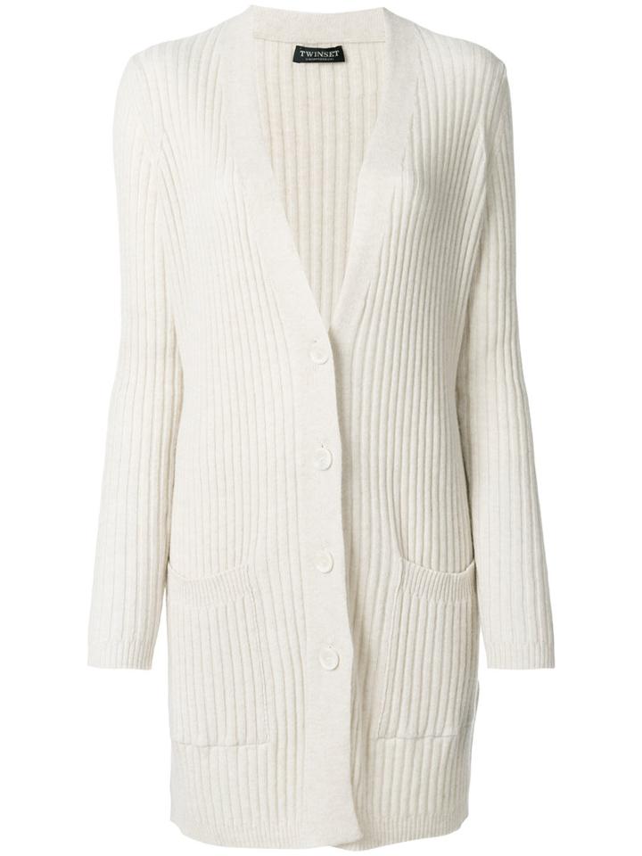Twin-set - V-neck Ribbed Long Cardigan - Women - Polyamide/viscose/cashmere/wool - Xl, White, Polyamide/viscose/cashmere/wool