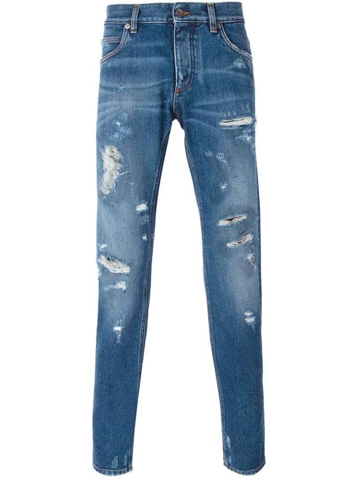 Dolce & Gabbana Slim Distressed Jeans, Men's, Size: 54, Blue, Cotton/calf Leather