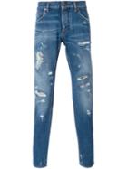 Dolce & Gabbana Slim Distressed Jeans, Men's, Size: 54, Blue, Cotton/calf Leather