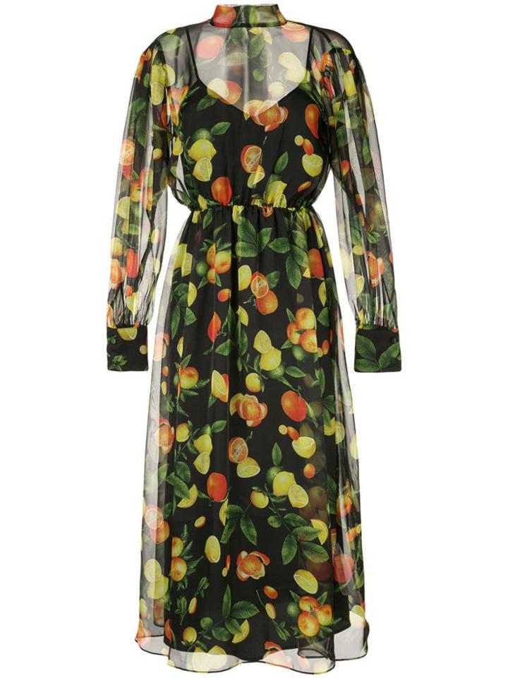 Msgm Fruit Print Midi Dress - Black