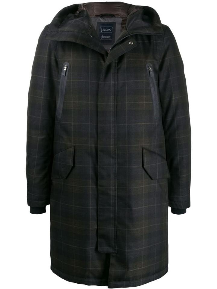 Herno Check Hooded Parka Coat - Blue