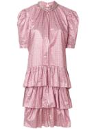 Christopher Kane Metallic Gingham Puff Sleeve Dress - Pink & Purple