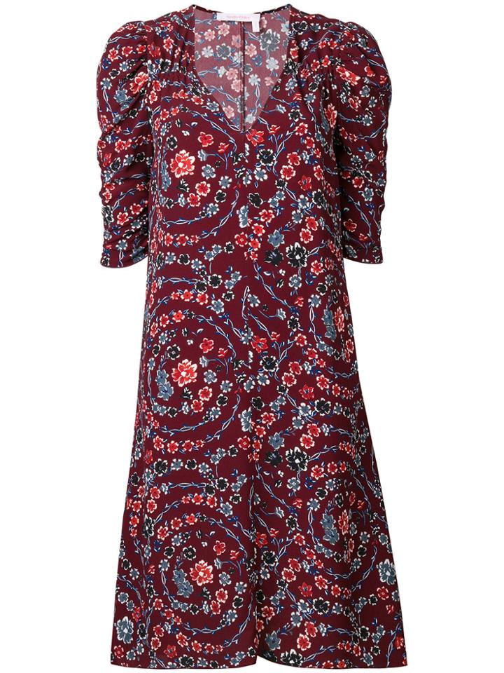 See By Chloé Floral Print Ruched Sleeves Dress - Red