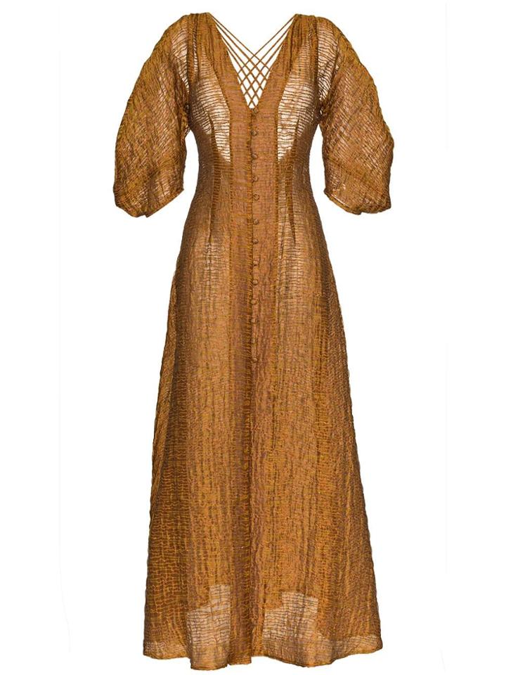 Cult Gaia Tilda Deep V Neck Buttoned Silk Blend Dress - Gold