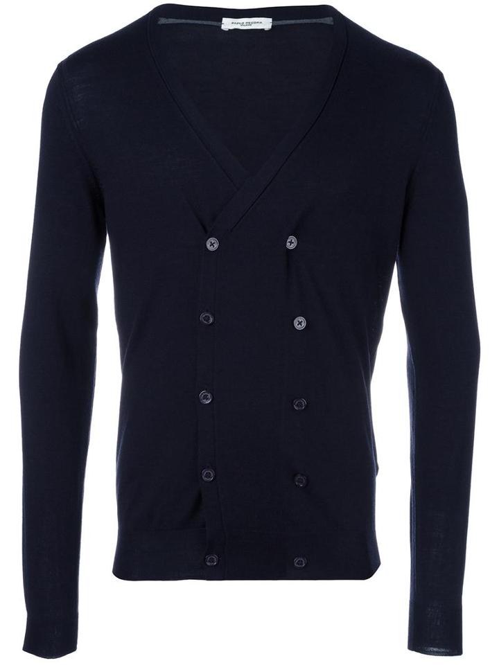 Paolo Pecora Double Breasted V-neck Cardigan, Men's, Size: Small, Blue, Wool
