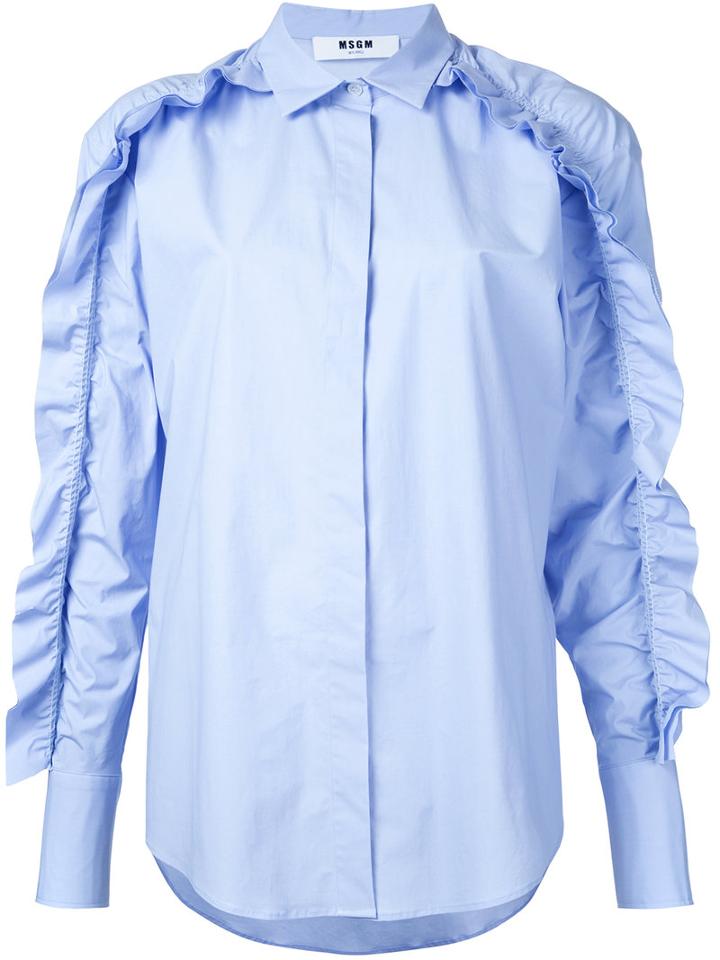 Msgm Ruffled Detail Shirt, Women's, Size: 38, Blue, Cotton/polyurethane/spandex/elastane