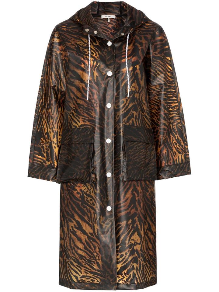 Ganni Tiger Print Hooded Rain Coat - Brown