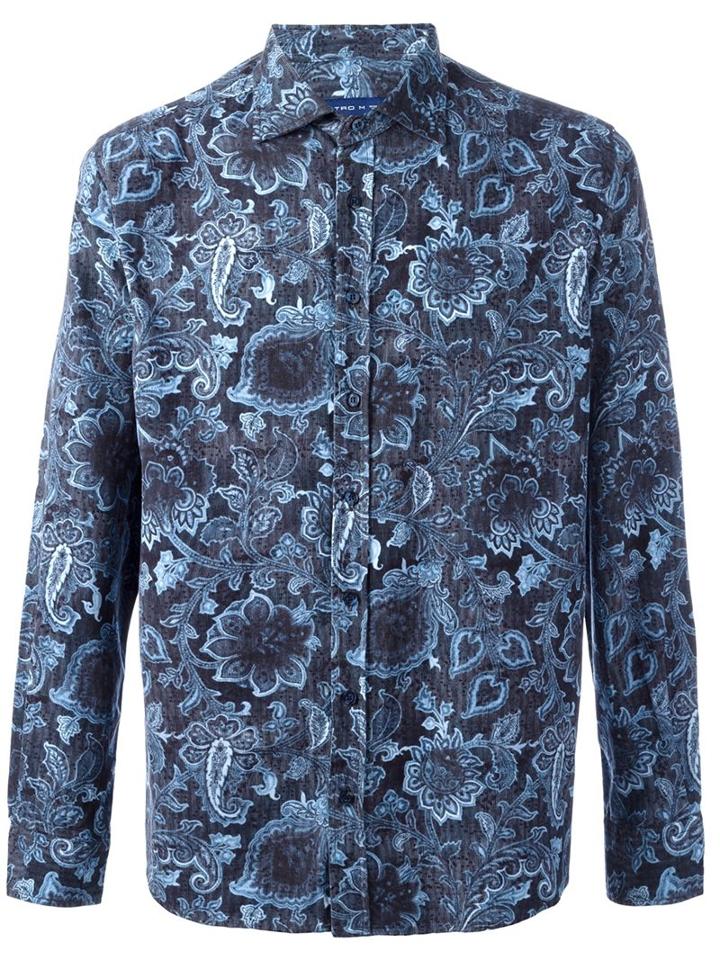 Etro Floral Print Shirt, Men's, Size: Medium, Blue, Cotton