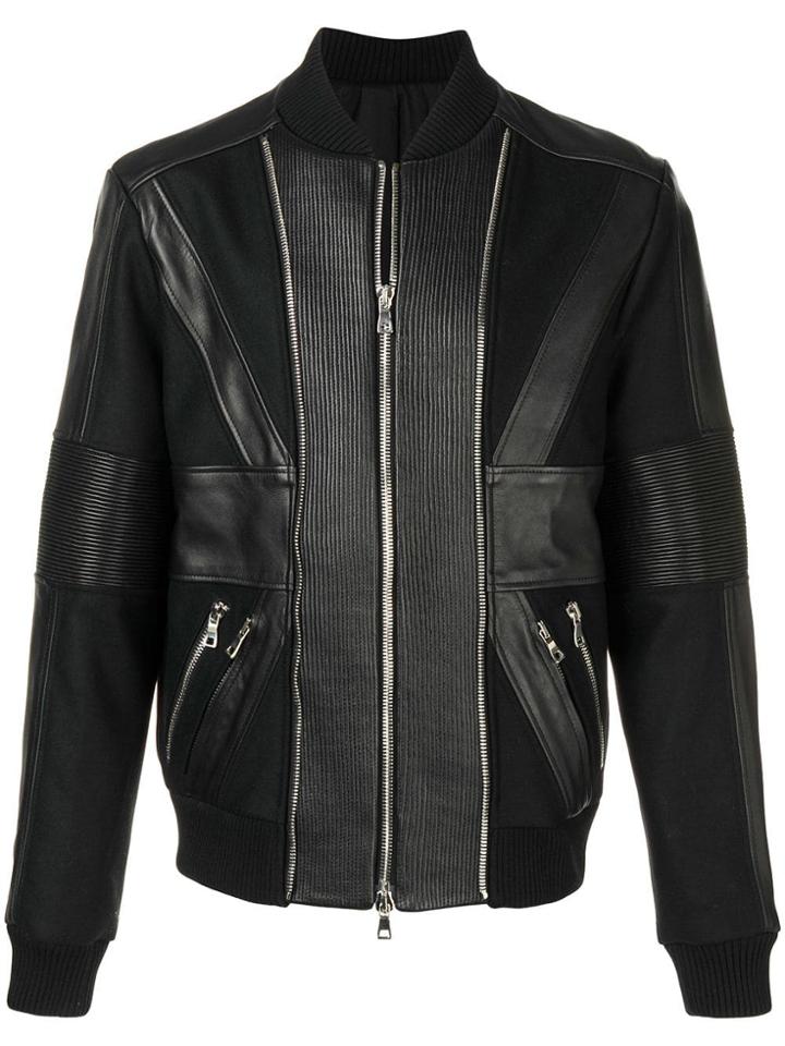 Balmain Zip Up Leather Bomber Jacket - Black