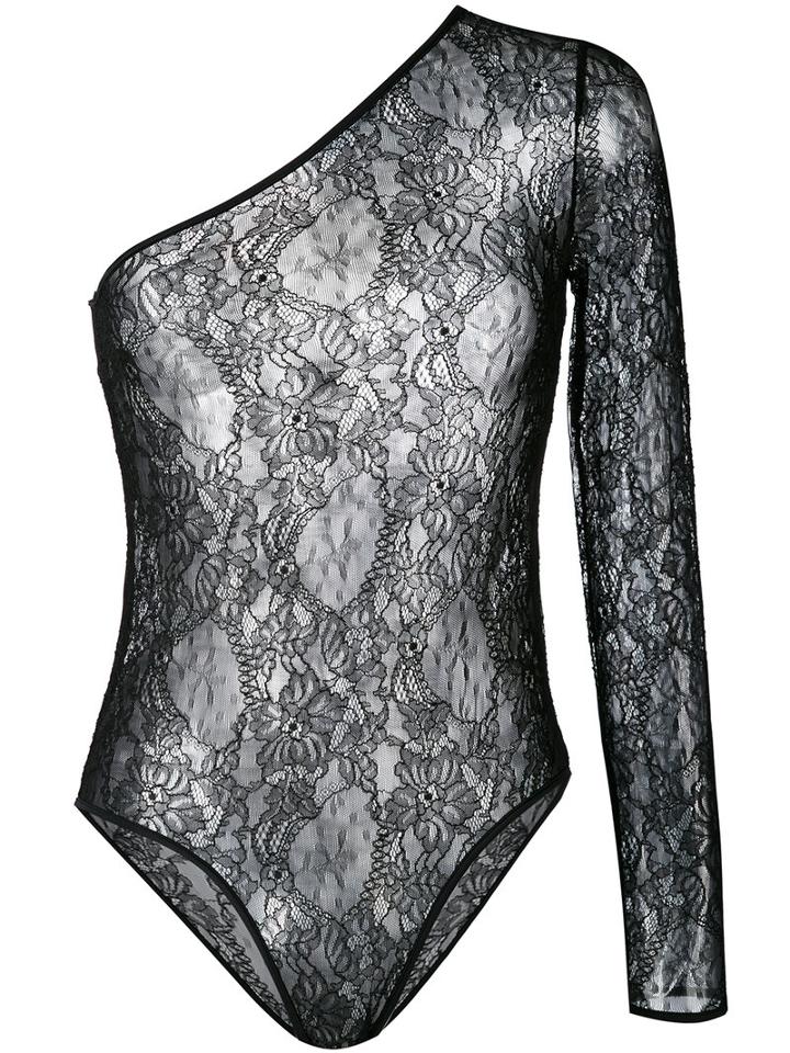 Msgm - One Shoulder Lace Body - Women - Spandex/elastane/viscose/polyimide - 44, Black, Spandex/elastane/viscose/polyimide