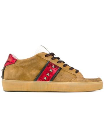 Leather Crown Studded Sneakers - Brown