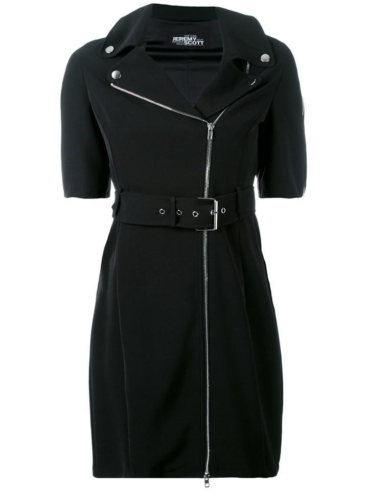 Jeremy Scott - Zipped Shoulders Belted Dress - Women - Polyester/other Fibers - 44, Women's, Black, Polyester/other Fibers