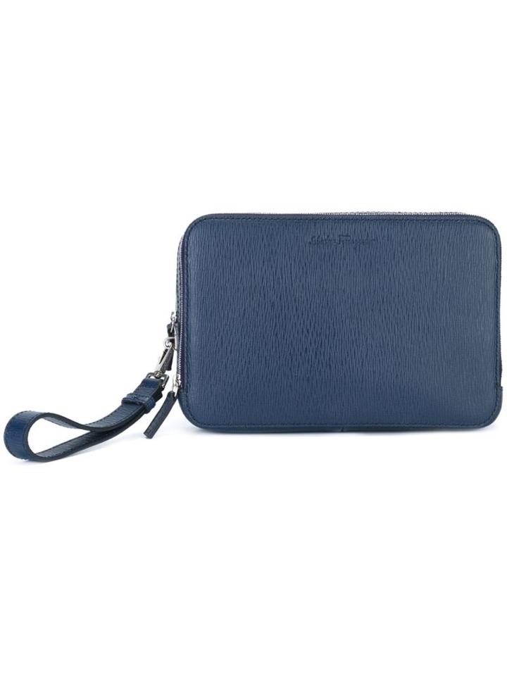 Salvatore Ferragamo Double Zip Clutch, Men's, Blue, Calf Leather