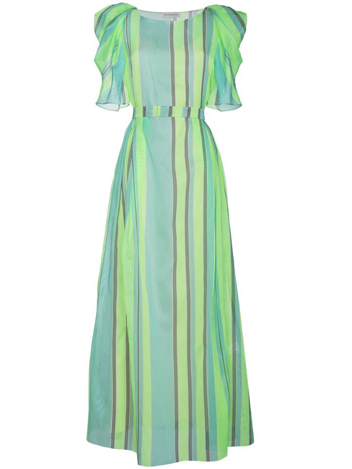 Vika Gazinskaya Striped Silk Maxi Dress With Puffed Sleeves - Green